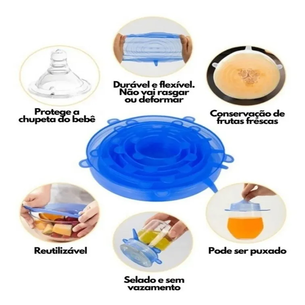 Kit Jogo de Tampas Ajustáveis e Flexíveis em Silicone para Conservar  Alimentos Lanches Frutas 6 Unidades Cozinha Comida - Cook - Tampa de  Silicone - Magazine Luiza