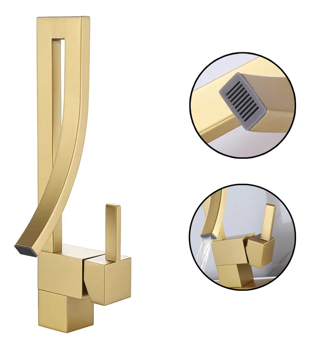 Torneira Moderna Alta Pia Banheiro Monocomando Luxo Bico Curvo 1222j Dourado