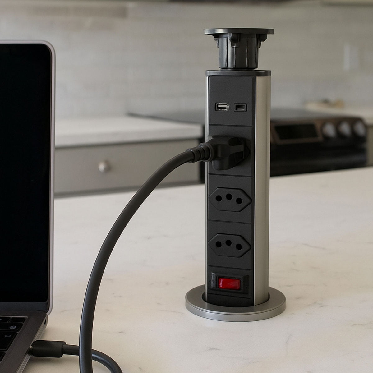 Torre de Tomada Multiplug Retrátil 3 Tomadas e USB+USB-C Embutir Bancada Cyl-tt2