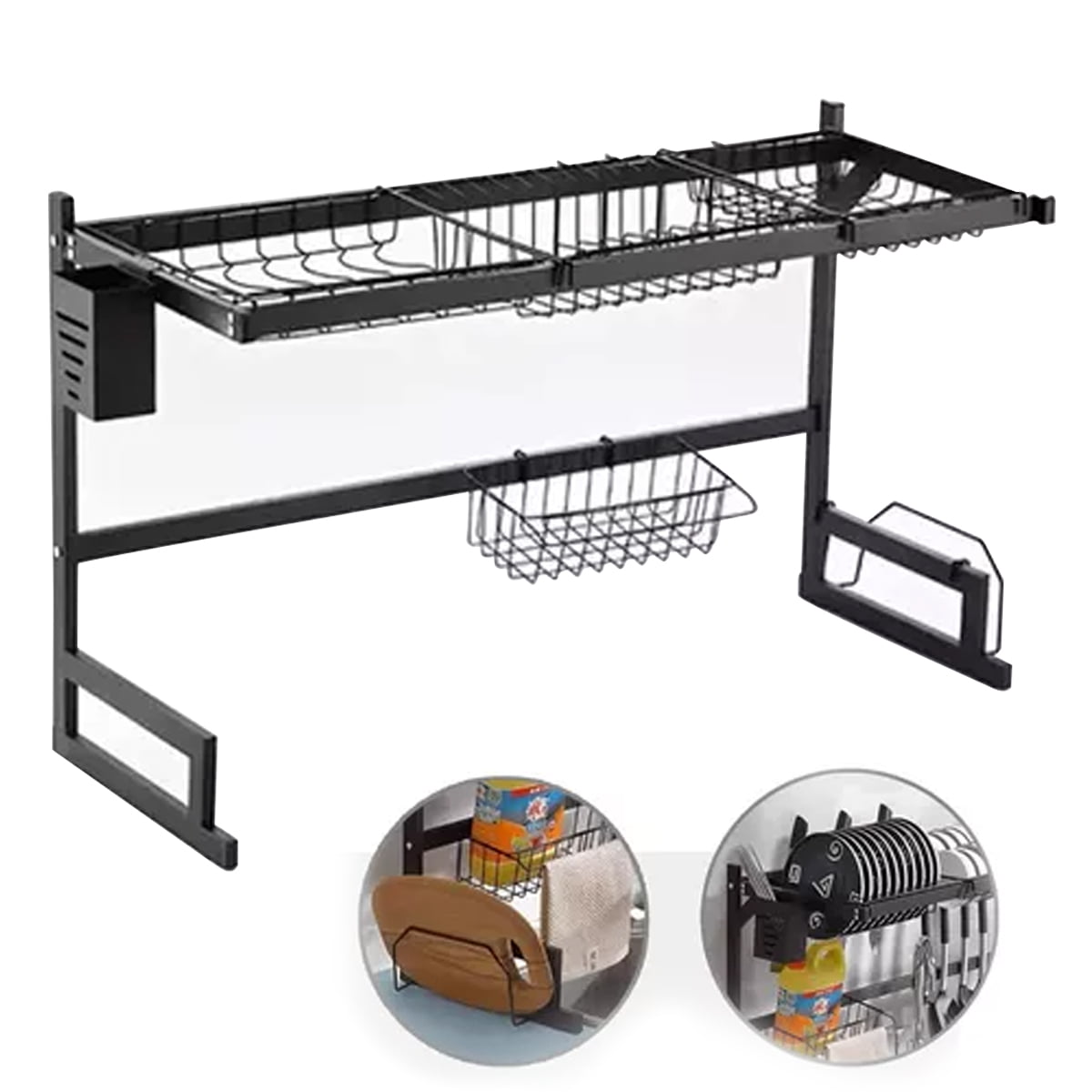 Escorredor De Louca Pia Cozinha Rack Organizador Utensilios Prato Inox Preto 7777h