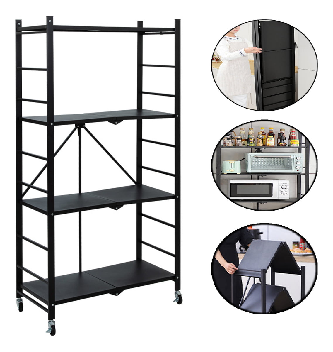 Luuk Young Organizador Estantes Dobrável Rack Armazenamento 4 Prateleiras Microondas Cozinha Com Rodinhas Preto 7780-4