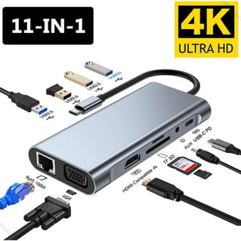 Hub Adaptador Multiportas 10 Em 1 Tipo C Hdmi Vga Sd Tf Ethernet Usb 3.0 4k Bk-c3