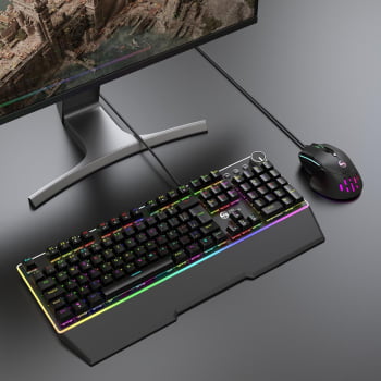 Kit Teclado Gamer Mecânico Switch Blue Abnt2 + Mouse Gamer Ergonômico Dpi 12800 Led Rgb Usb Pc Bk-04