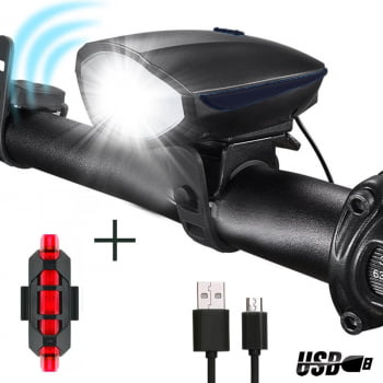 Kit Farol Lanterna Ciclimos Bicicleta Bike Led Buzina 7588 + Sinalizador Traseiro Dc918