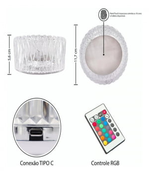 Abajur Cristal Rgb Luminária Mesa Com Led Controle Touch Hkx1010