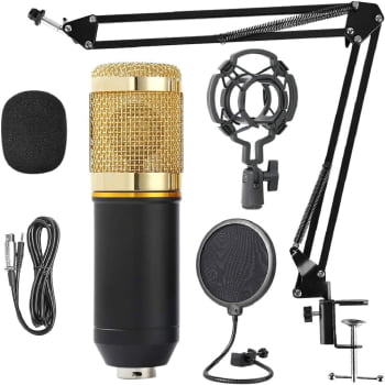 kit Microfone Estudio Profissional Condensador Pop Filter Com Braco Articulado Bk-800