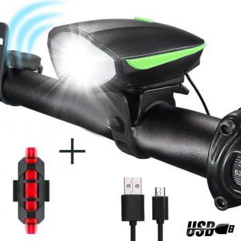 Kit Farol Lanterna Ciclimos Bicicleta Bike Led Buzina 7588 + Sinalizador Traseiro Dc918