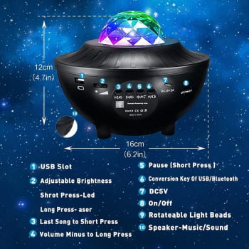 Luminária Luzes Bluetooth Gira Projetor Estrelas Galaxia E59