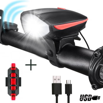 Kit Farol Lanterna Ciclimos Bicicleta Bike Led Buzina 7588 + Sinalizador Traseiro Dc918