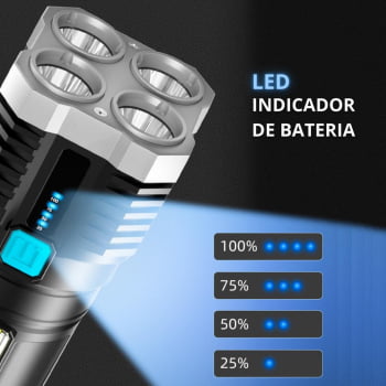 Lanterna Led Potente Recarregável Usb Portátil De Longo Alcance 4 Leds L-19