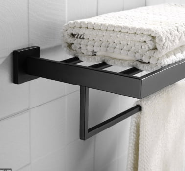 Suporte Toalheiro Banheiro Barra Linear Triplo Hotel Luxo Inox Metal 7772h Preto