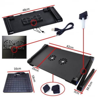 Mesa Suporte de Notebook Multifuncional Articulável Com 2 Cooler Preto Fosco Ydz450