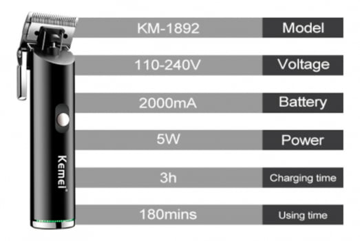 Maquininha de Cortar Cabelo profissional Recarregável 4 Pentes Kemei Km 1892
