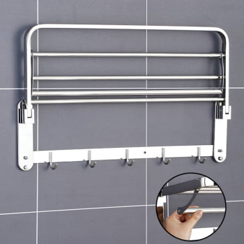 Suporte Porta Toalha Dobrável Duplo 60cm Toalheiro Metal Aço Inox Parede Cromado 7773