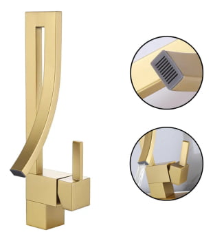 Torneira Moderna Alta Pia Banheiro Monocomando Luxo Bico Curvo 1222j Dourado Luuk Young