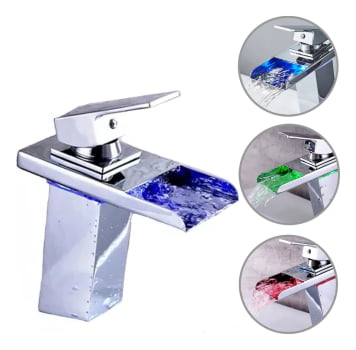 Torneira Pia Banheiro Misturador Monocomando Cuba Baixa Cascata Luxo Led 8801 Luuk Young
