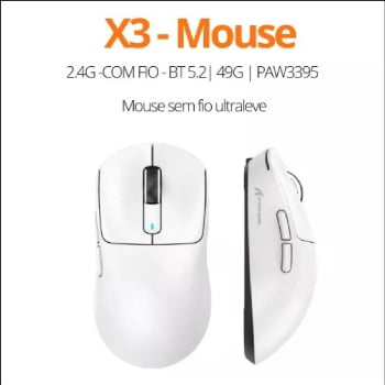 Mouse Gamer Attack Shark Bluetooth USB Paw3395 Ultra Leve 6 Botões 26000 Dpi Sem Fio Computador Notebook Branco X3