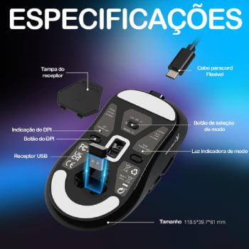 Mouse Gamer Attack Shark Bluetooth USB Paw3395 Ultra Leve 6 Botões 26000 Dpi Sem Fio Computador Notebook Preto X3