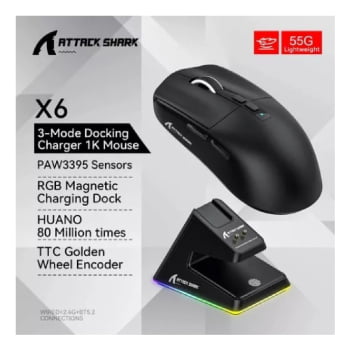 Mouse Gamer Attack Shark Bluetooth USB Paw3395 Ultra Leve 6 Botões 26000 Dpi Sem Fio Computador Notebook Preto X6