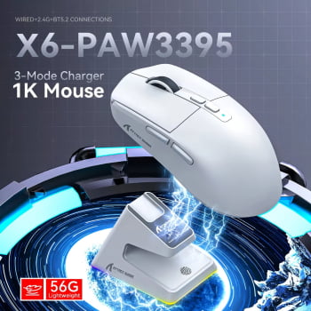 Mouse Gamer Attack Shark Bluetooth USB Paw3395 Ultra Leve 6 Botões 26000 Dpi Sem Fio Computador Notebook Branco X6