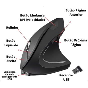 Mouse Sem Fio Ergonômico Vertical Bluetooth Led Preto D-m5