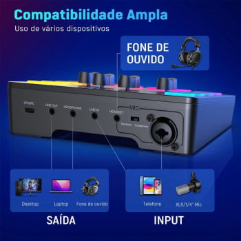 Mixer De Áudio 4 Canais Rgb Fifine Gaming Mesa De Som Xlr Streaming Para Pc Sc3