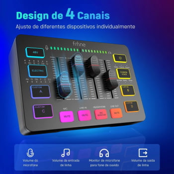 Mixer De Áudio 4 Canais Rgb Fifine Gaming Mesa De Som Xlr Streaming Para Pc Sc3