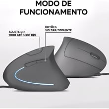 Mouse Vertical Verto Ergonomico Luz Led Usb Com Fio 3600dpi Preto D5