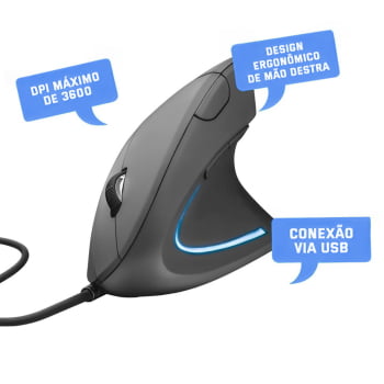 Mouse Vertical Verto Ergonomico Luz Led Usb Com Fio 3600dpi Preto D5