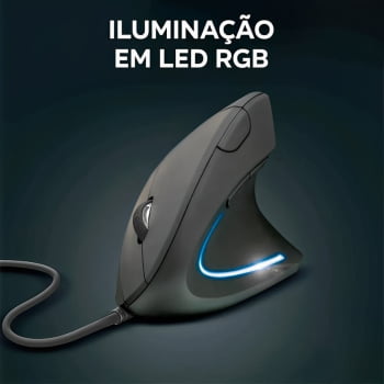 Mouse Vertical Verto Ergonomico Luz Led Usb Com Fio 3600dpi Preto D5