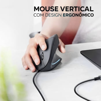 Mouse Vertical Verto Ergonomico Luz Led Usb Com Fio 3600dpi Preto D5