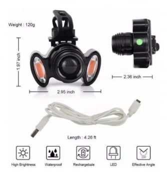 Farol Bike Cabeça 3 Leds Recarregável Ip 65 Gb 720