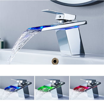 Torneira Pia Banheiro Misturador Monocomando Cuba Baixa Cascata Luxo Led 8801