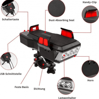 Farol Bike Usb + Buzina + Suporte Carregador De Celular + Lanterna traseira 8553